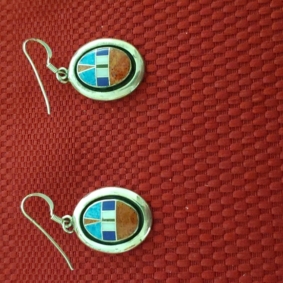 Multi stone inlaid sterling silver earrings - Picture 1 of 4